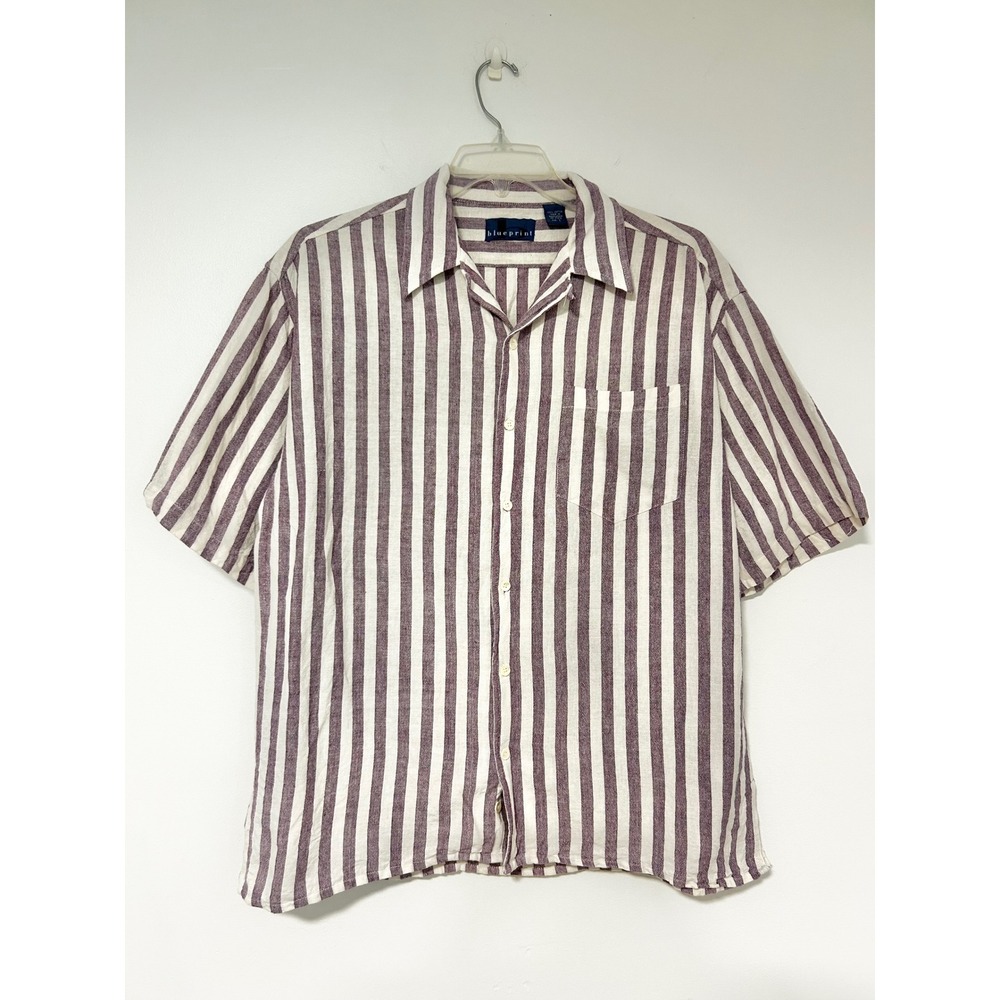 Blueprint Mens Large Short Sleeve Striped Button Down Shirt Purple Cream Cotton